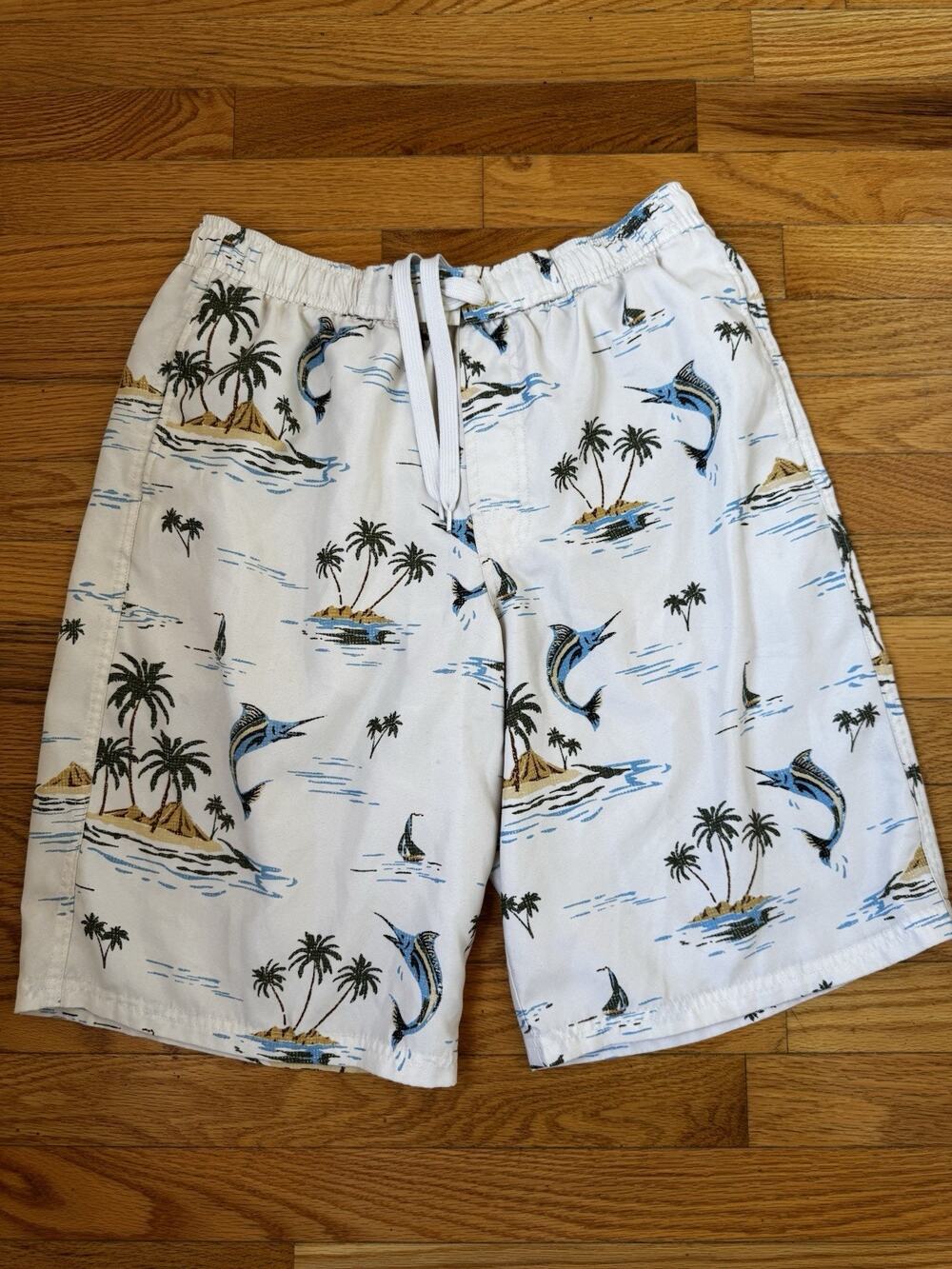 ZeroXposur Men’s Swim Trunks Size M Tropical Marlin Palm Print White